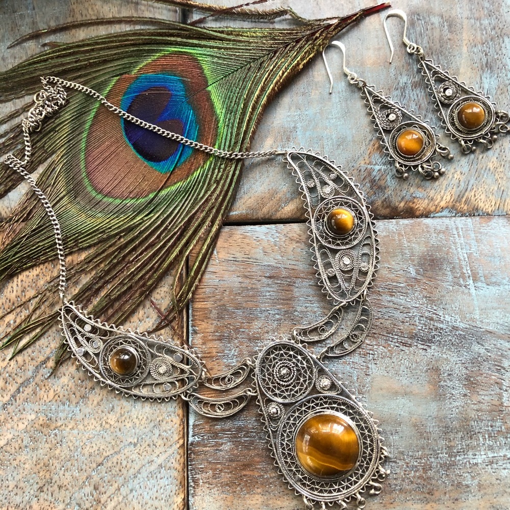 Vintage sterling tigers eye necklace set